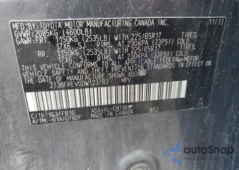 2013 Toyota Rav4 Le z USA, uszkodzony, nr VIN 2T3BFREV0DW123783